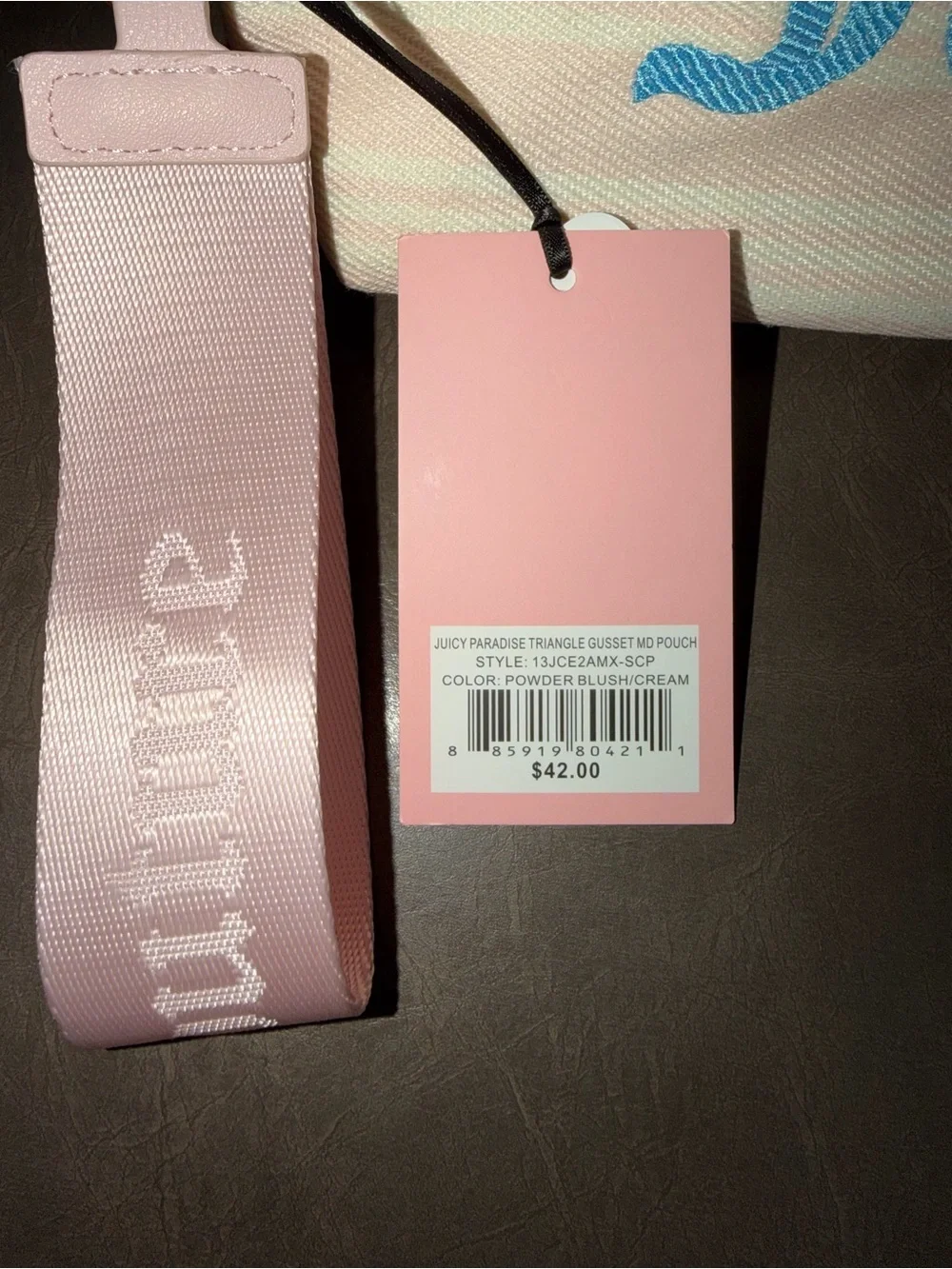Juicy Couture Pink Cosmetic Pouch with Blue Logo and Wrist Strap